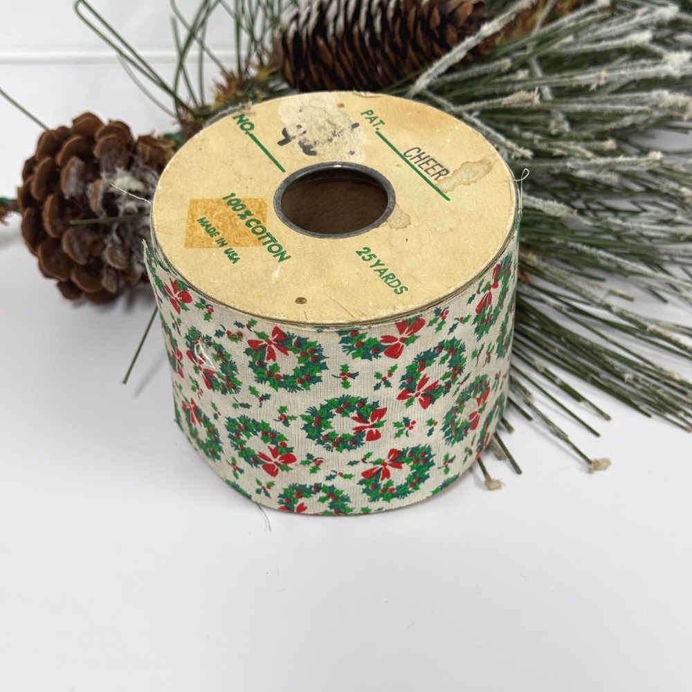 Vintage Christmas Wreath Ribbon - 25 Yards USA Cotton